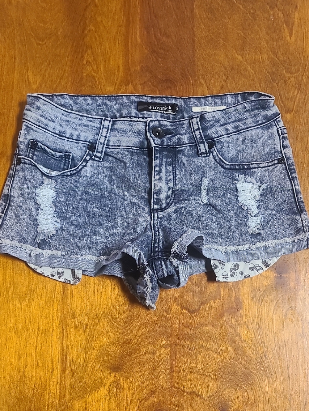 Lovesick Gray Acid-Wash Distressed Denim Shorts With Skull Pockets